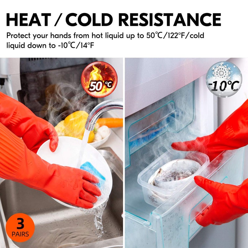 Vgo... 3-Pairs Dishwashing Gloves, Reusable Household Gloves, Long Sleeve, Thick Latex, Cleaning, Washing, Working, Painting, Gardening, Pet Care (Size L, Red, RB2143) - Image 5
